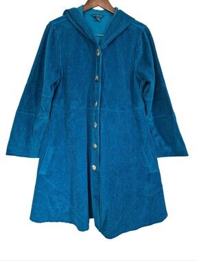 April Cornell Farmers Market Blue Wide Wale Corduroy Hooded Long Coat Large